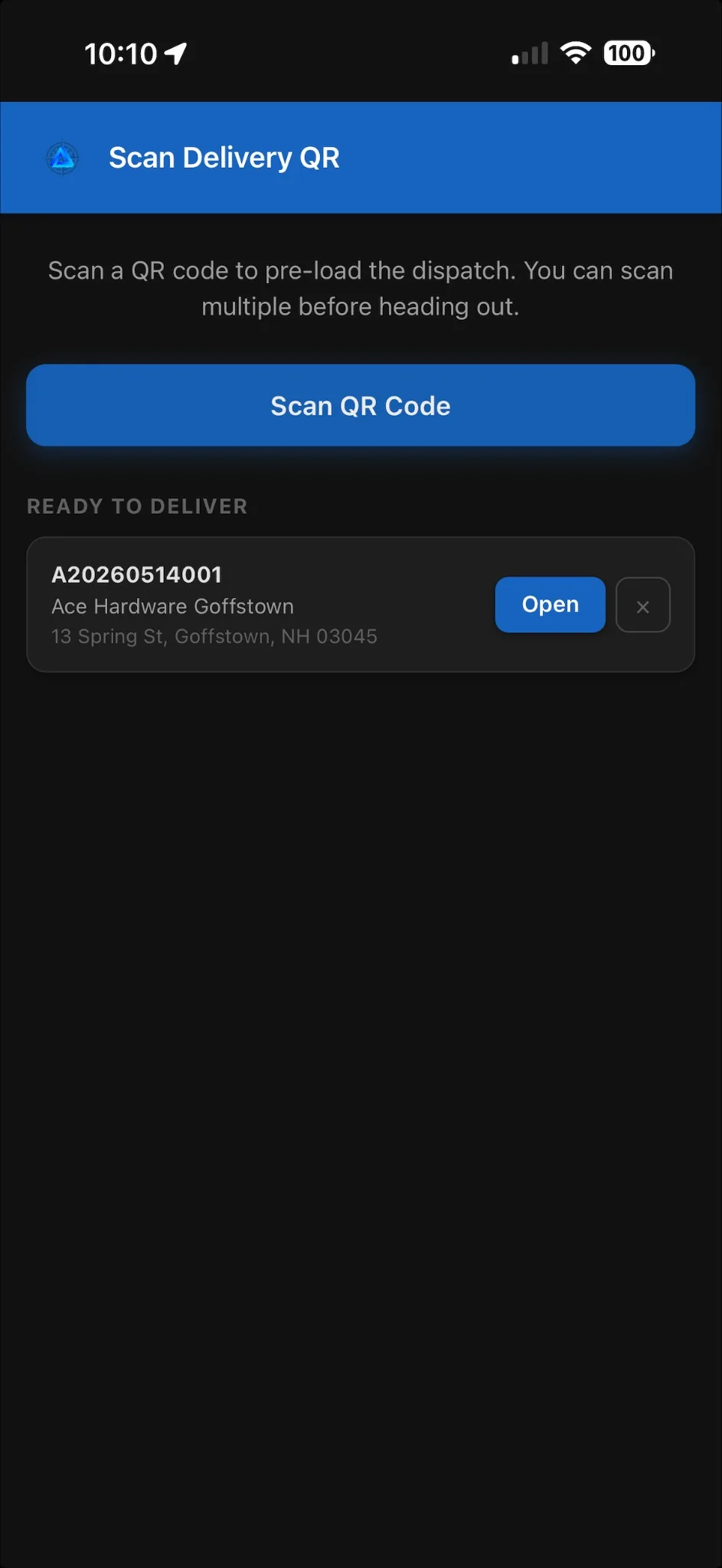 Mobile app screen for scanning delivery QR codes to streamline dispatch management and optimize load tracking