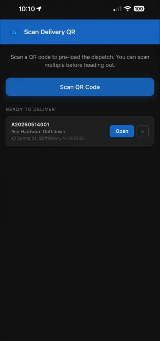 Mobile app screen for scanning delivery QR codes to streamline dispatch management and optimize load tracking